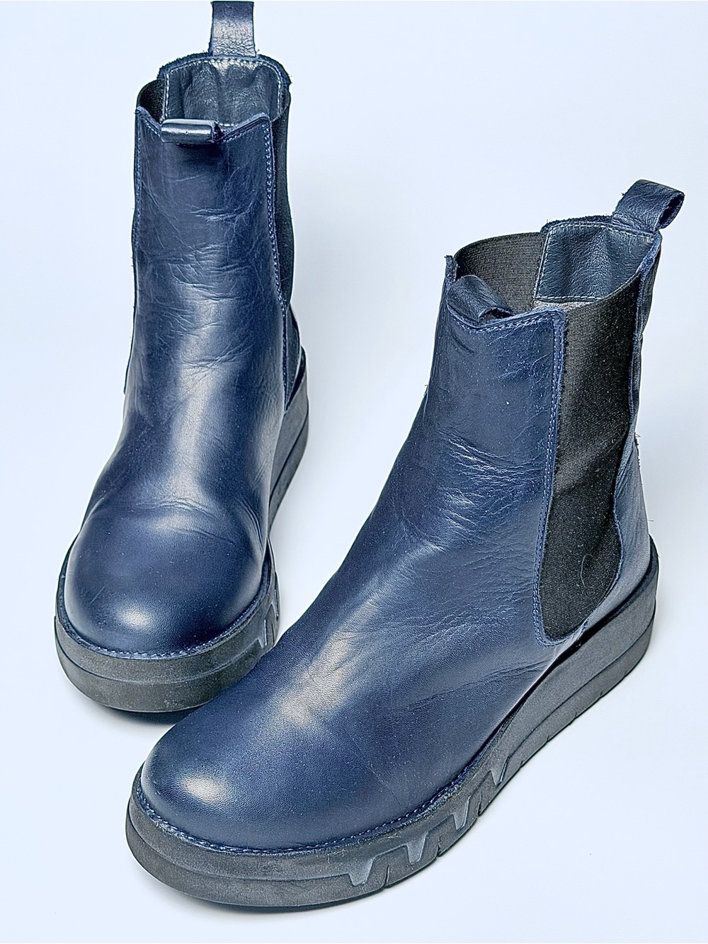 Miz Mooz Navy Leather Chelsea Booties with Black Elastic Panels